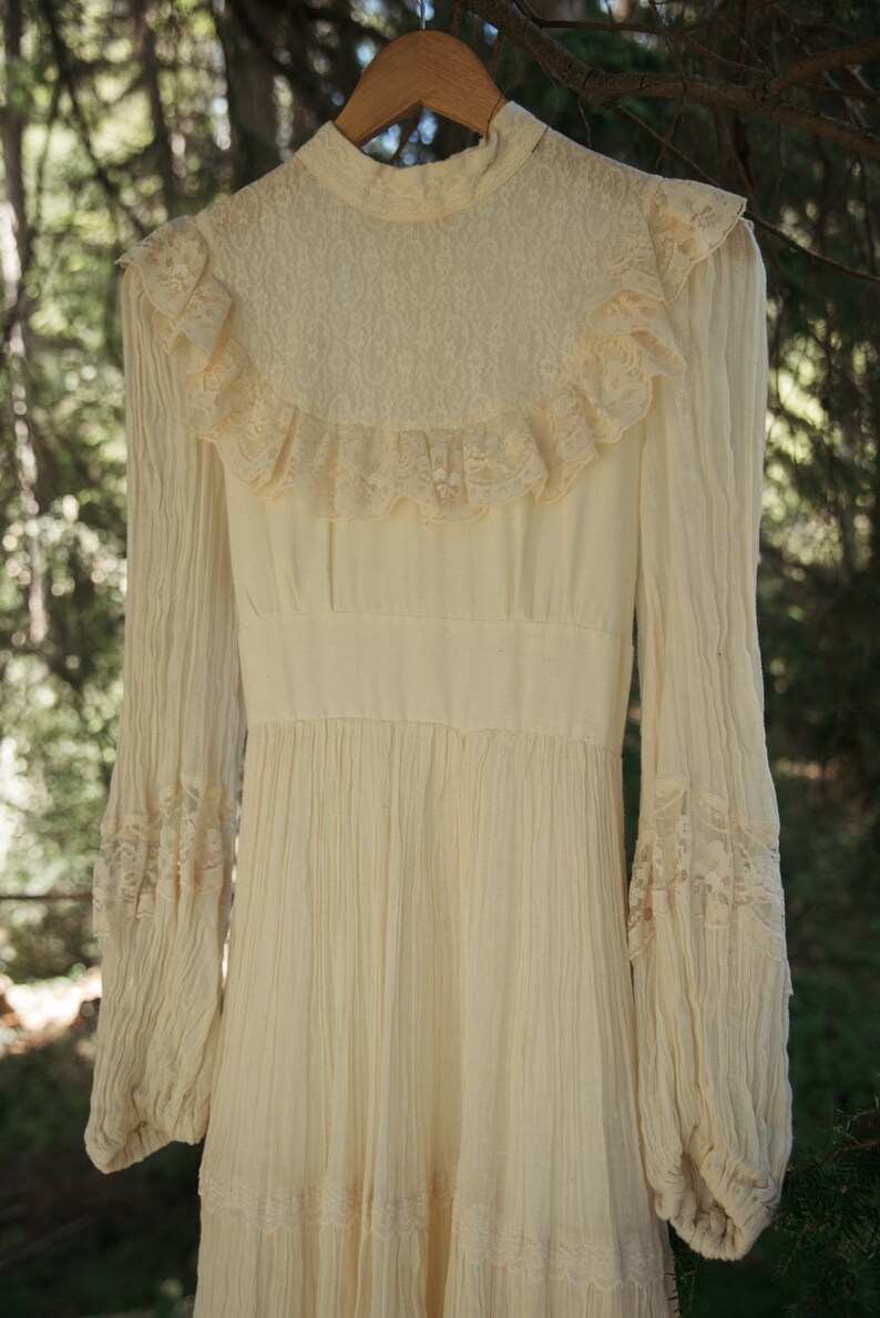 1970s Victorian Style Wedding Dress, Gauzy Natural Cotton Lace Boho Prairie Dress, Sweeping Skirt, High Neck, Long Sheer Poet Sleeves image 9