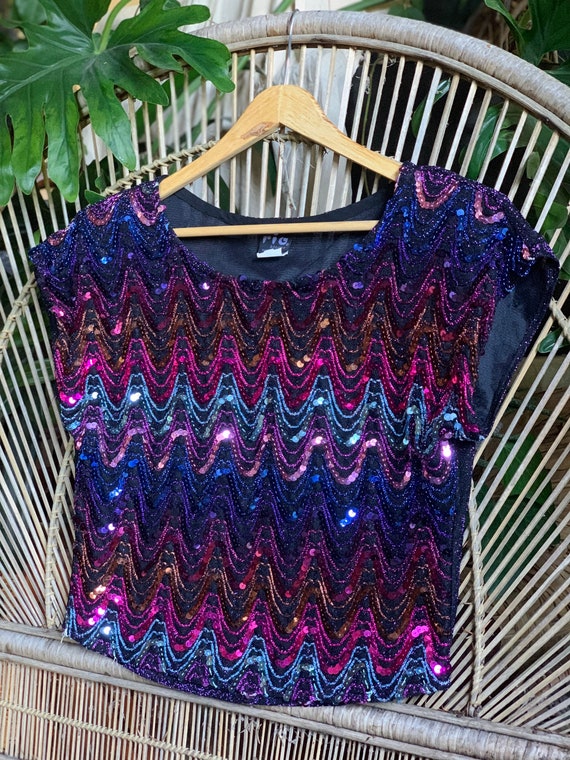 Disco Rainbow Sequin Top | 80s Glam Metallic Crop… - image 9