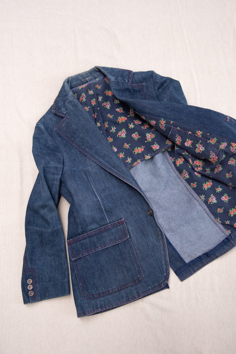 70s Denim Blazer Jacket Vintage Indigo Cotton Boyfriend Jean Jacket image 9