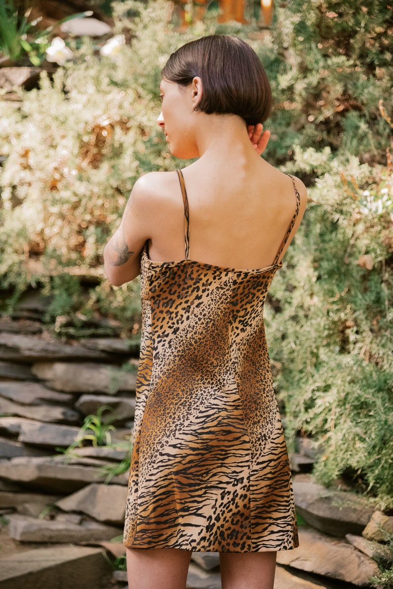 May include: A brown and tan animal print slip dress with thin straps.