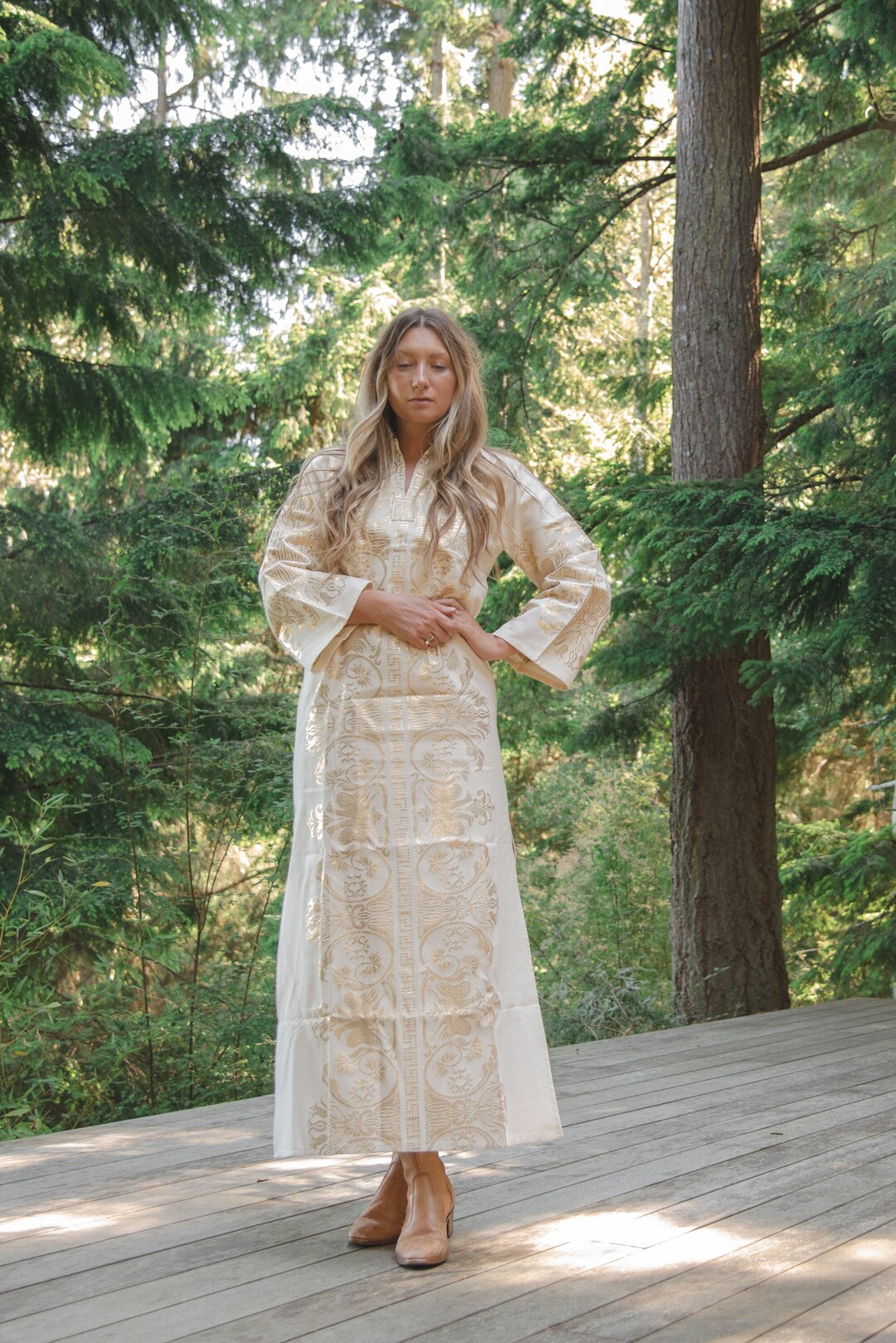 70s Greek Embroidered Caftan Metallic Gold Cream De Sigoura