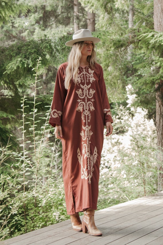 70s Embroidered Caftan Dress | Boho Hippie Brown … - image 2