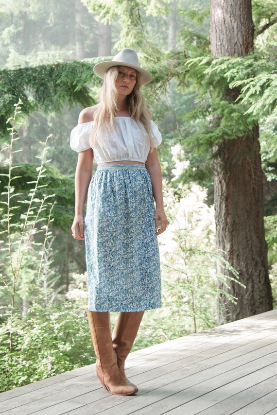 Country Blue Floral Cotton Midi Skirt, Summer Cott