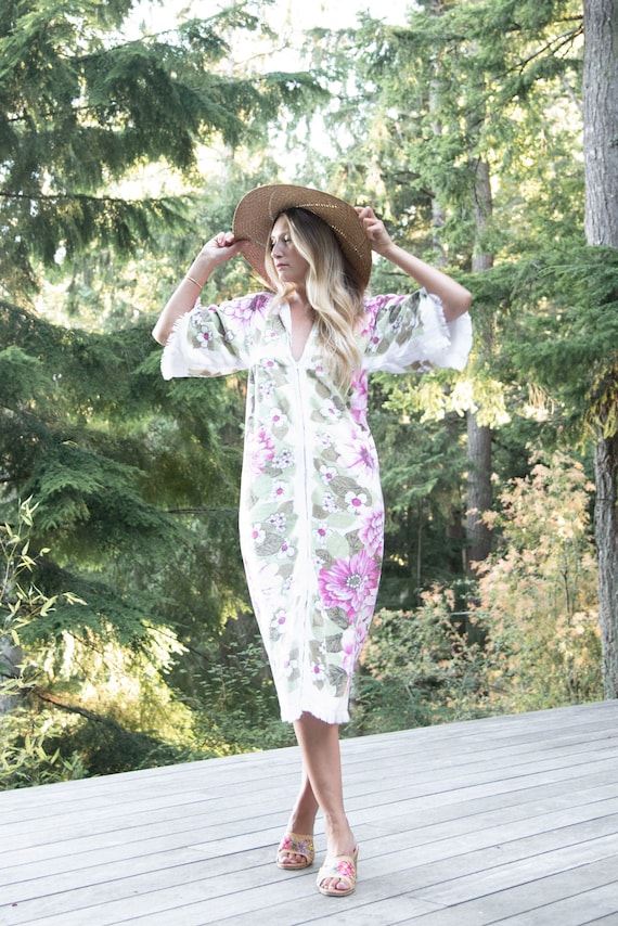 70s Terry Cloth Dress | Pink Zinnia Floral Towel M