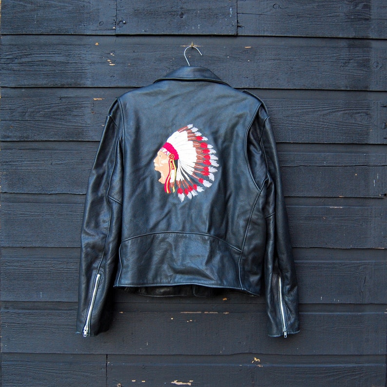 Leather Motorcycle Jacket Men S Large Native American Indian Chief Embroidered Black Belted Moto Biker Jack
