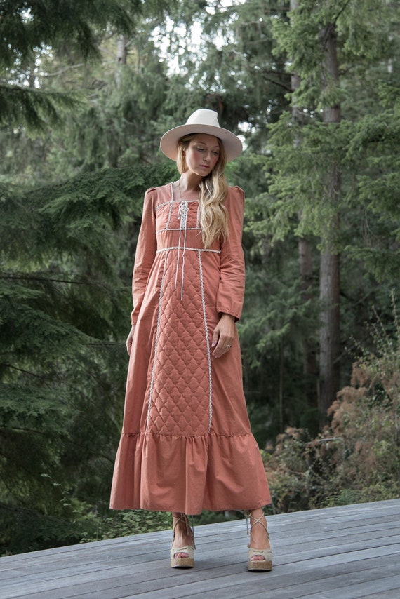 70s Maxi Dress, Long Sleeve Peach Cotton Prairie … - image 3