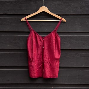 Vintage 70s 80s Vassarette Camisole – Cranberry Maroon Lace Trim Cami Top, Button Front, Micro Floral Dot Print, Small