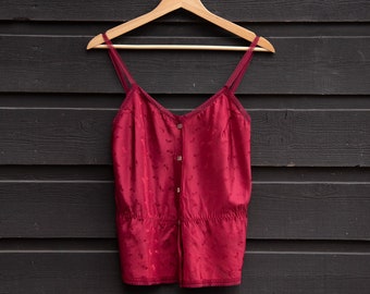 Vintage 70s 80s Vassarette Camisole – Cranberry Maroon Lace Trim Cami Top, Guziki z przodu, Nadruk w drobne kwiatowe kropki, S