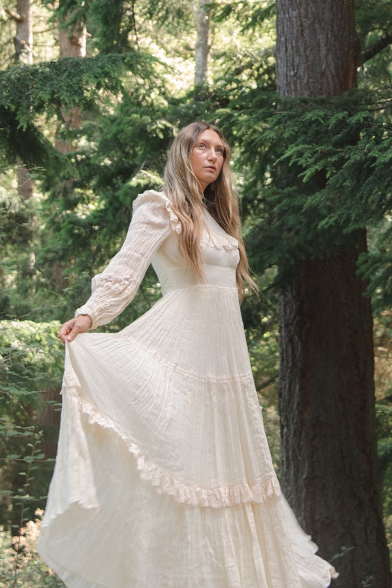 1970s Victorian Style Wedding Dress, Gauzy Natura… - image 1