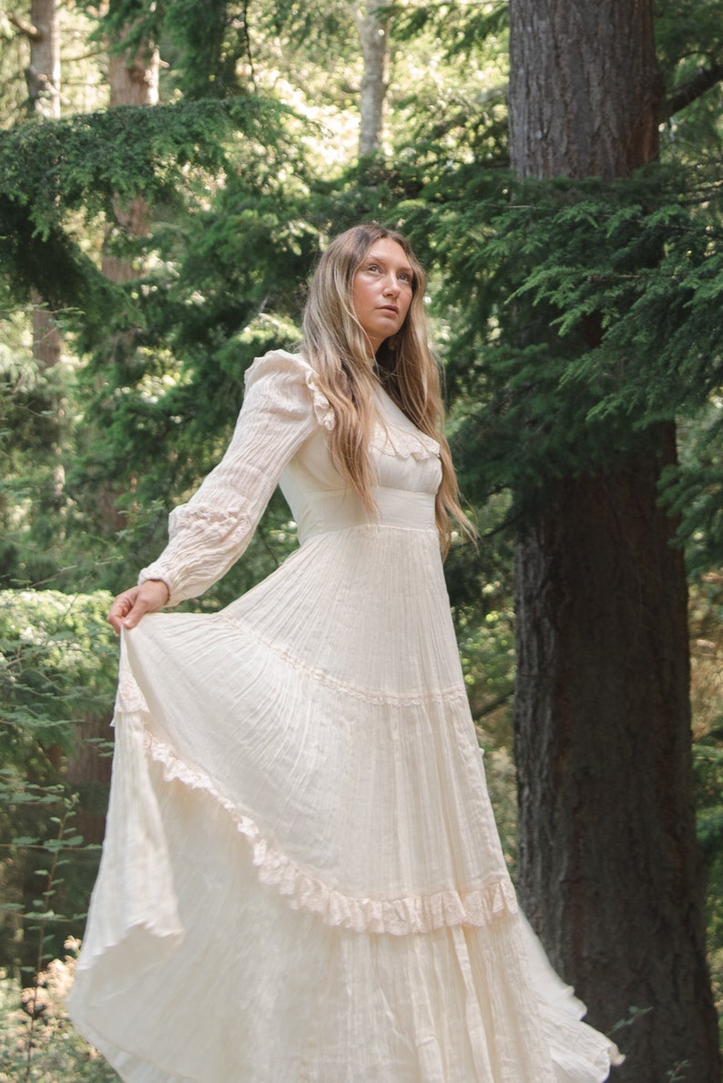 1970s Victorian Style Wedding Dress, Gauzy Natural Cotton Lace Boho Prairie Dress, Sweeping Skirt, High Neck, Long Sheer Poet Sleeves image 6