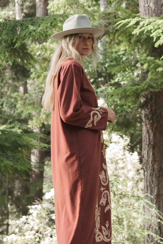 70s Embroidered Caftan Dress | Boho Hippie Brown … - image 4