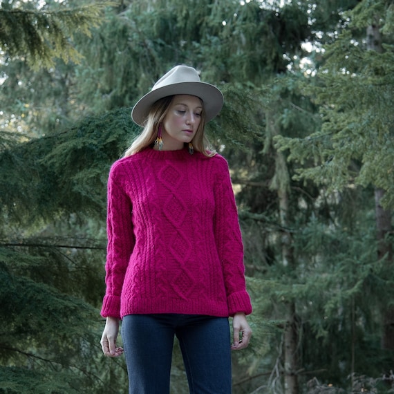 70's Pink Cable Knit Sweater, Hand Knit Fisherman