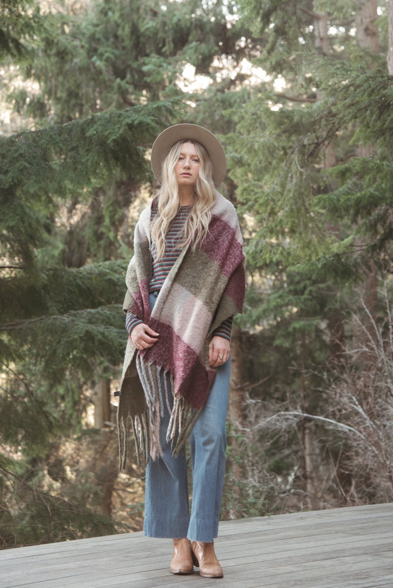 Oversized Plaid Wool Scarf, Long Fringed Shawl Wrap, Purple and Green Blanket Scarf image 6