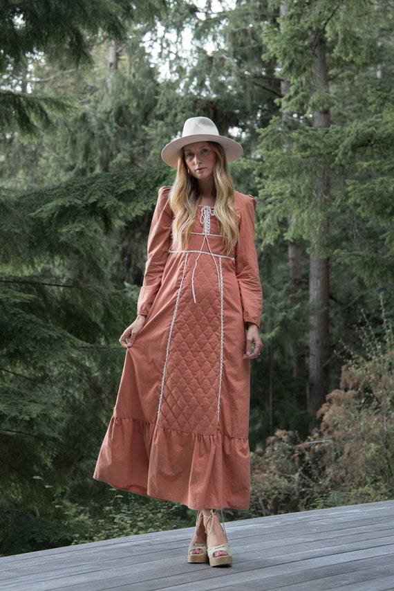 70s Maxi Dress, Long Sleeve Peach Cotton Prairie … - image 6