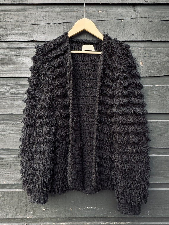 80's Vintage Black Crochet Shag Cardigan Sweater - image 7