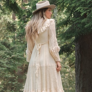 1970s Victorian Style Wedding Dress, Gauzy Natural Cotton Lace Boho Prairie Dress, Sweeping Skirt, High Neck, Long Sheer Poet Sleeves image 3