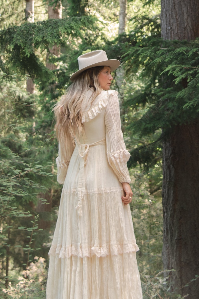 1970s Victorian Style Wedding Dress, Gauzy Natural Cotton Lace Boho Prairie Dress, Sweeping Skirt, High Neck, Long Sheer Poet Sleeves image 3