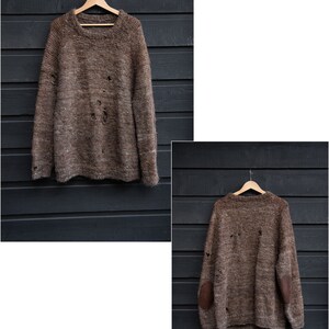 Destroyed Vintage Wool Sweater, Suede Elbow Patches 60s 70s Loose Knit Mohair Brown Fleck Jumper, Large image 10