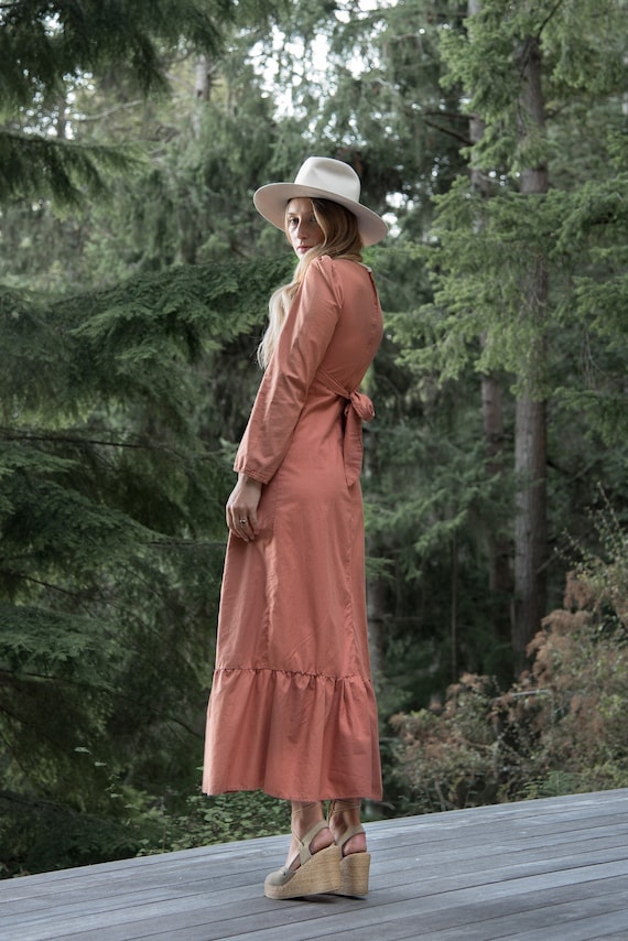 70s Maxi Dress, Long Sleeve Peach Cotton Prairie … - image 1