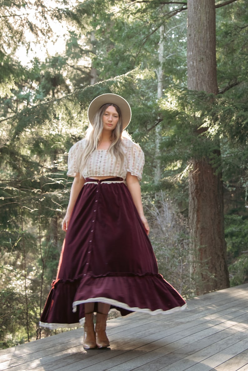 70s GUNNE SAX Skirt Boho Maroon Velvet Maxi Skirt Vintage Button Down Prairie Skirt image 6