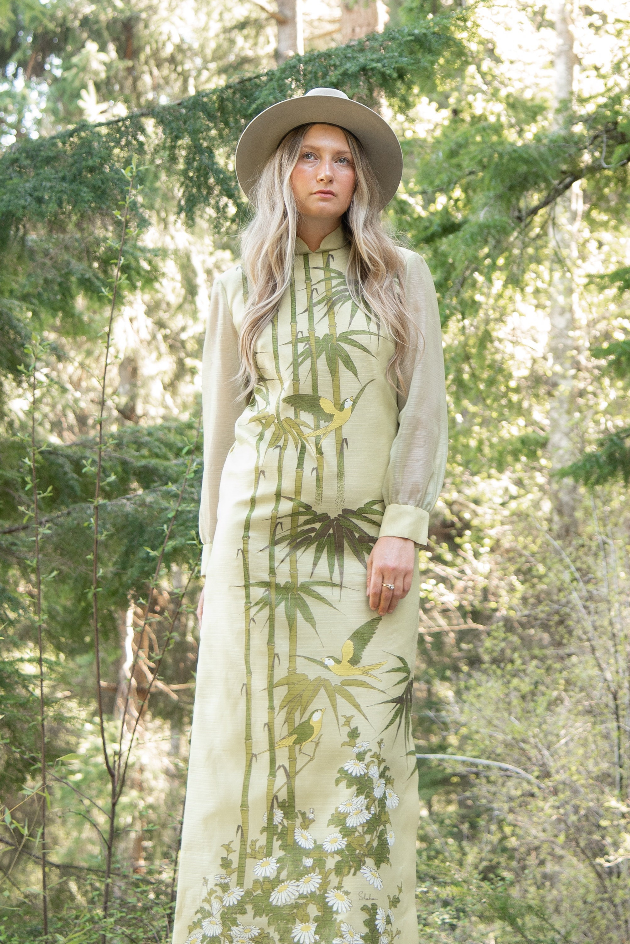 1970s Alfred Shaheen Dress, Bamboo, Birds + Daisy Print Maxi