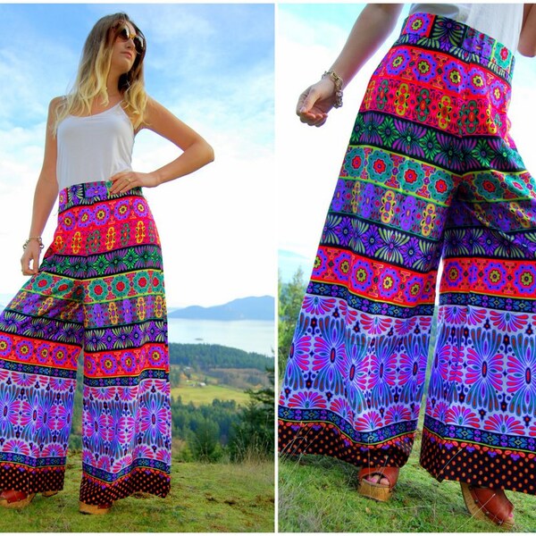 Floral PALAZZO Pants Boho Chic Hippie Pants / Gypsy Festival / 70's Wide leg Flare Alex Coleman High Waisted Pants Maxi Skirt Pants Sz Large
