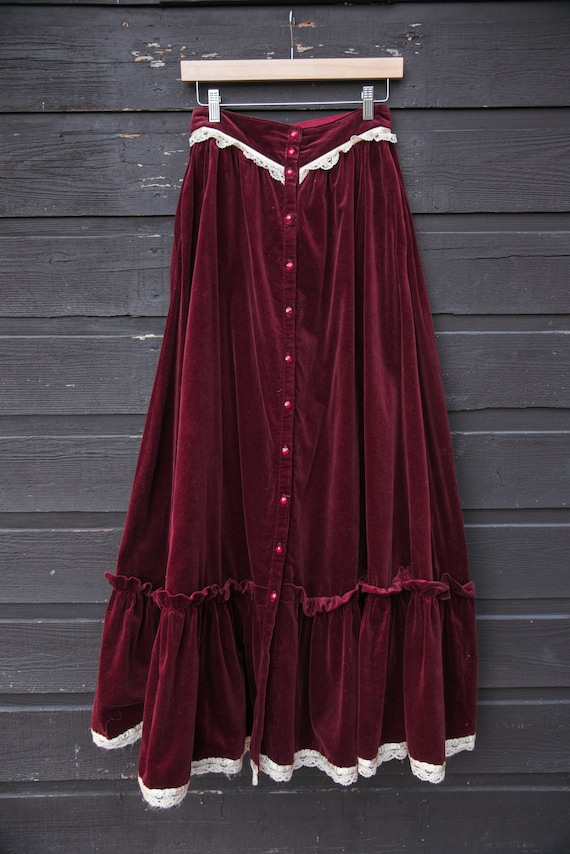 70s GUNNE SAX Skirt | Boho Maroon Velvet Maxi Skir