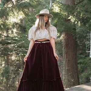 70s GUNNE SAX Skirt Boho Maroon Velvet Maxi Skirt Vintage Button Down Prairie Skirt image 9