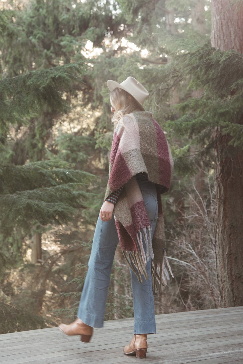 Oversized Plaid Wool Scarf, Long Fringed Shawl Wrap, Purple and Green Blanket Scarf image 2