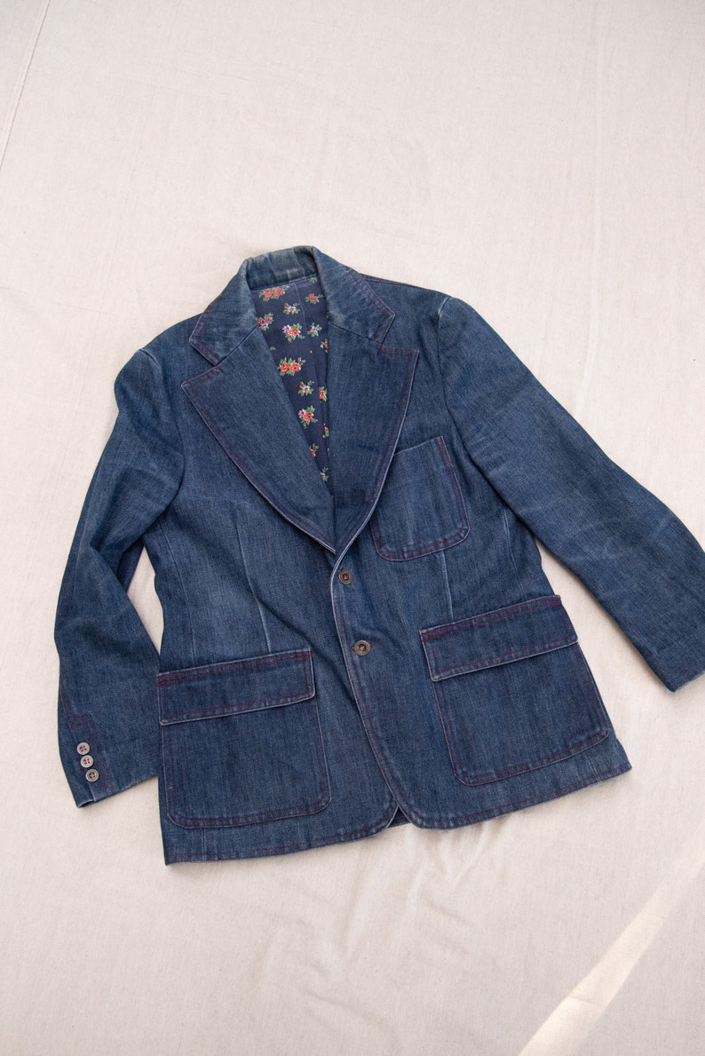 70s Denim Blazer Jacket Vintage Indigo Cotton Boyfriend Jean Jacket image 8