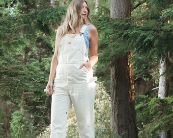 70s Vintage Round House Overalls, Distressed Unisex Painter Overall Pants Workwear White Jean Dungarees