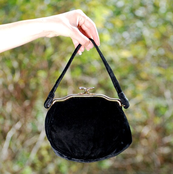 1950s Black Velvet Purse Evening Bag Puff Clutch Pouch Purse