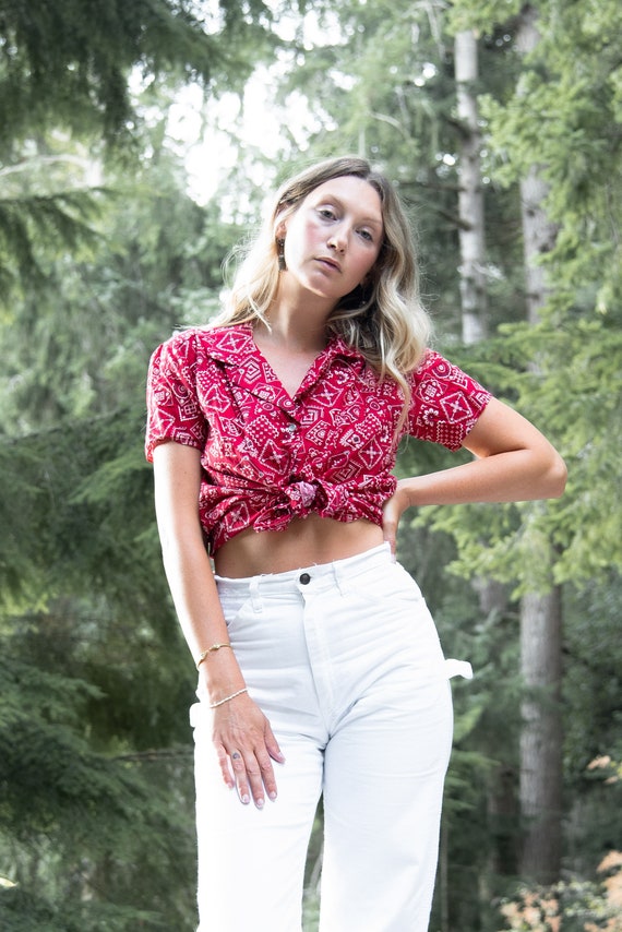 70's Red Bandana Shirt, Vintage Farm Shirt, Countr