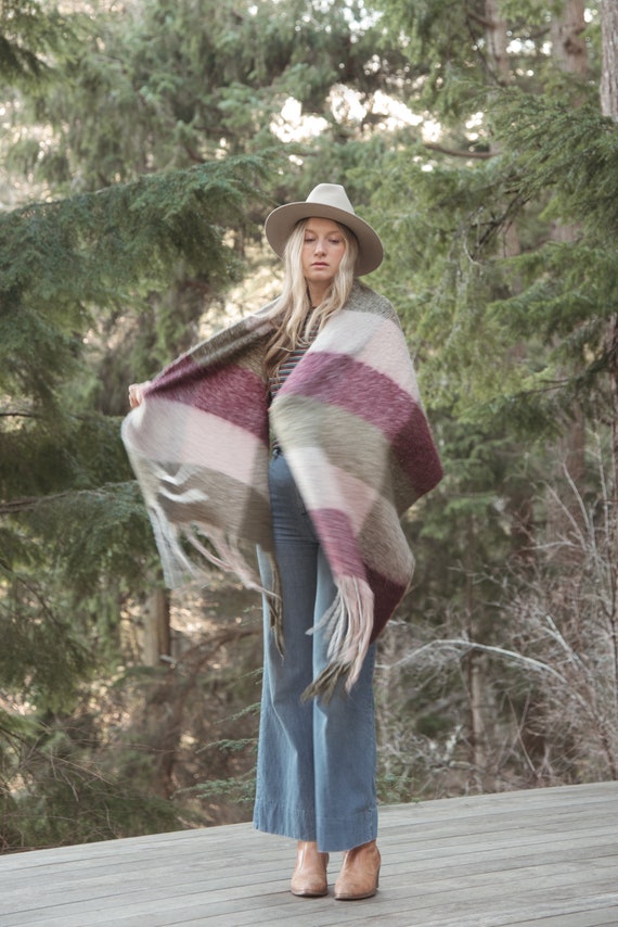 Oversized Plaid Wool Scarf, Long Fringed Shawl Wr… - image 2