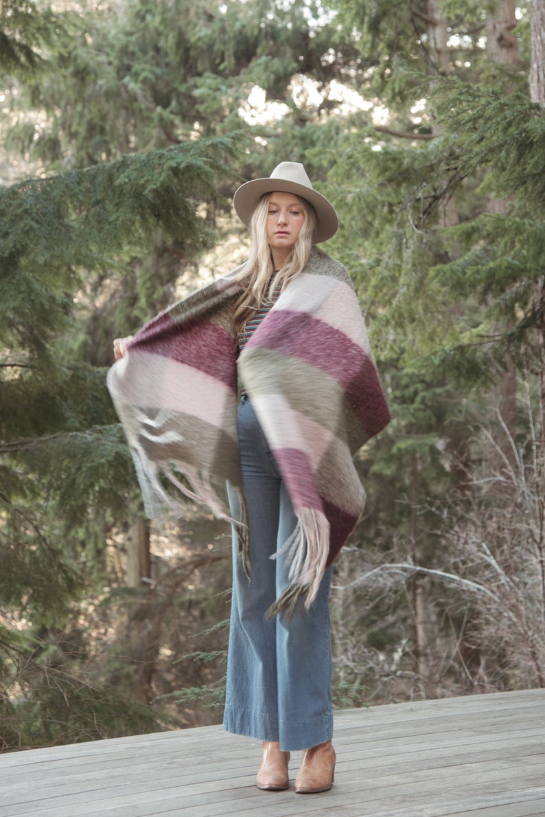 Oversized Plaid Wool Scarf, Long Fringed Shawl Wrap, Purple and Green Blanket Scarf image 3