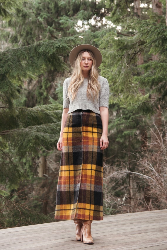 70 s Button Front Plaid Maxi Skirt Saffron Mustard Brown Small