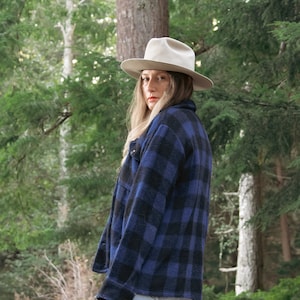 Vintage 60s 70s Canadian Wool Plaid Shirt, Black and Blue Tartan Button Down Boyfriend Jacket image 7