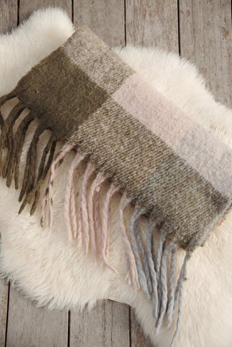 Oversized Plaid Wool Scarf, Long Fringed Shawl Wrap, Purple and Green Blanket Scarf image 8