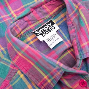 90s Tie Front Collared Cotton Crop Top, Simply Basic Pink Plaid Button Front Cropped Blouse, Small Medium image 10