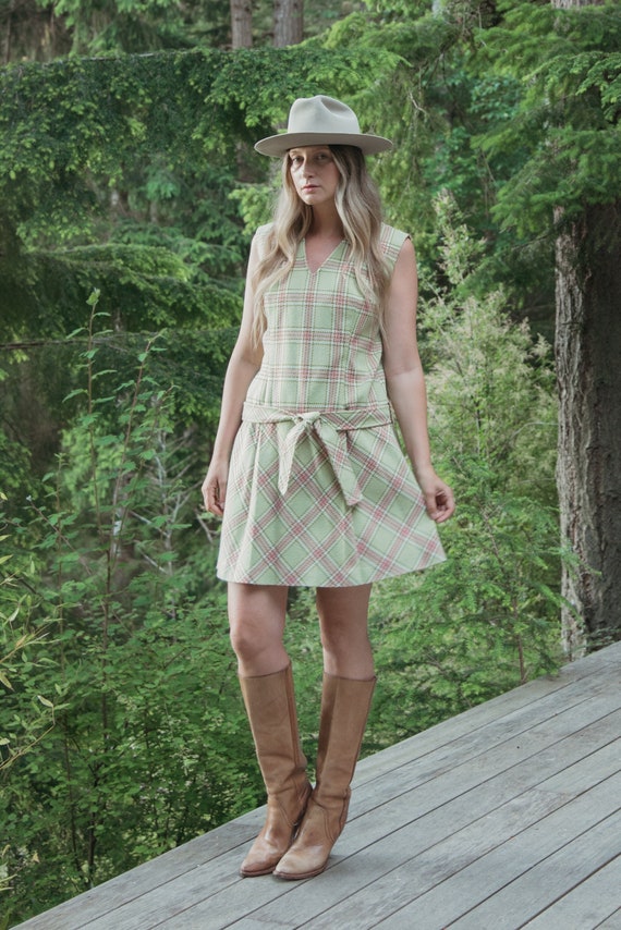 Drop Waist Plaid Pleated 60s Mod Dress, Sage + Pin