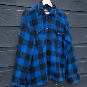 Vintage 60s 70s Canadian Wool Plaid Shirt, Black and Blue Tartan Button Down Boyfriend Jacket image 9