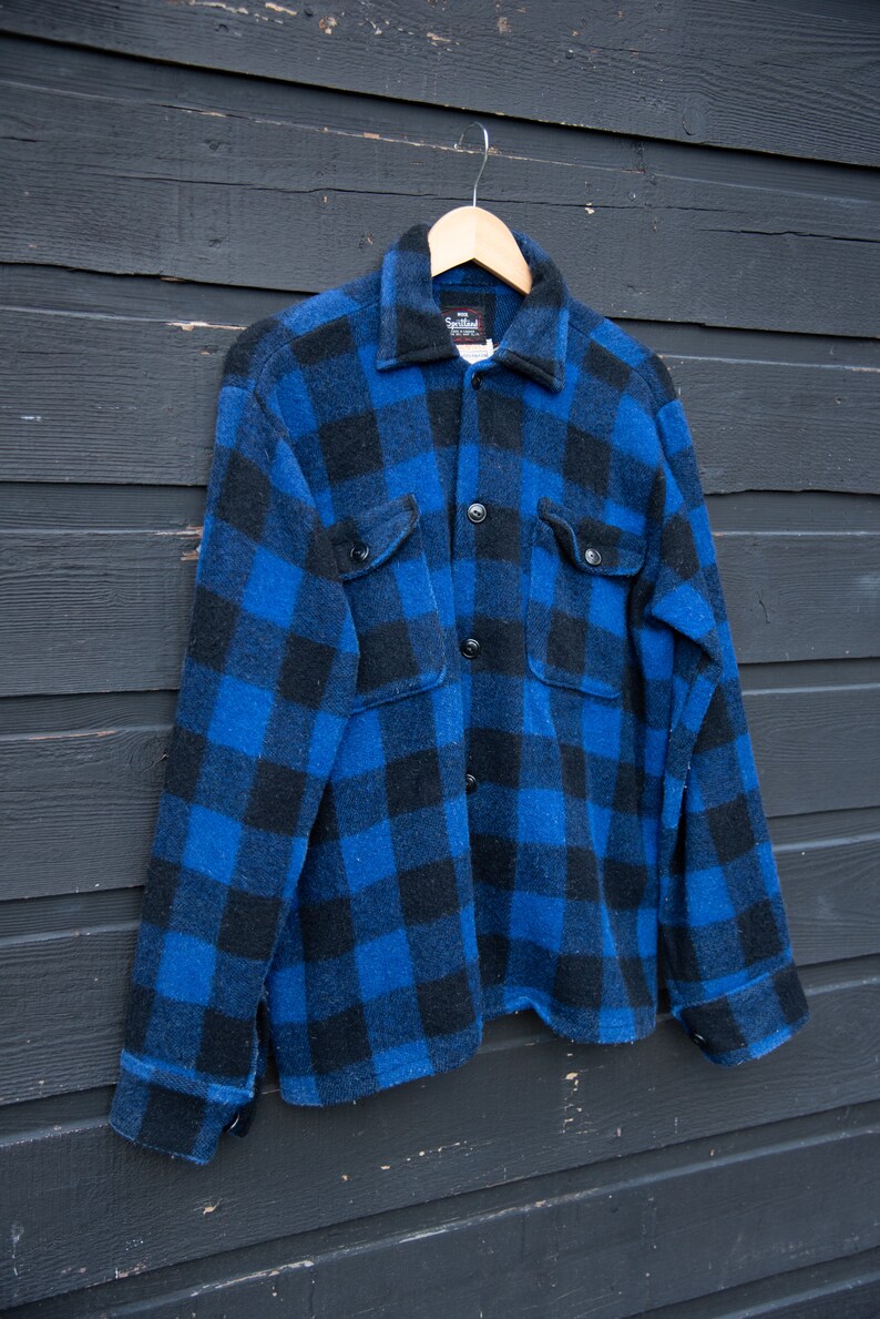 Vintage 60s 70s Canadian Wool Plaid Shirt, Black and Blue Tartan Button Down Boyfriend Jacket image 9