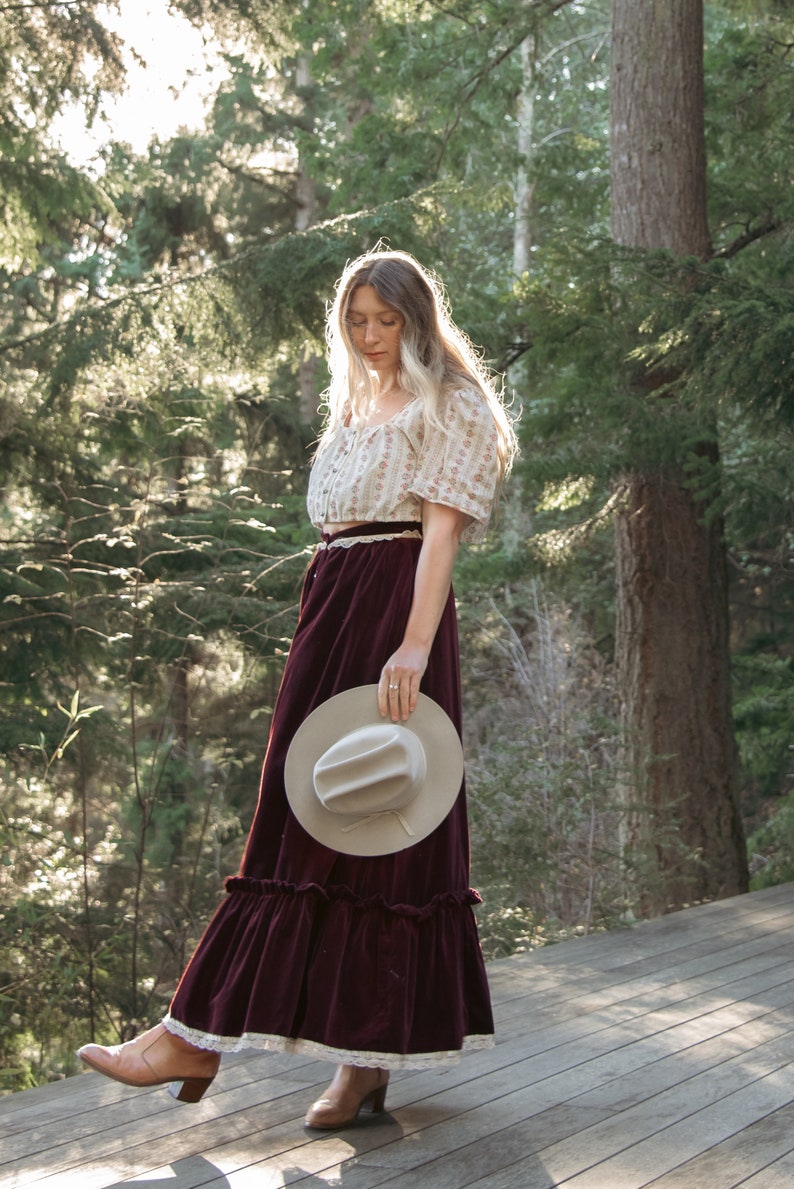 70s GUNNE SAX Skirt Boho Maroon Velvet Maxi Skirt Vintage Button Down Prairie Skirt image 8