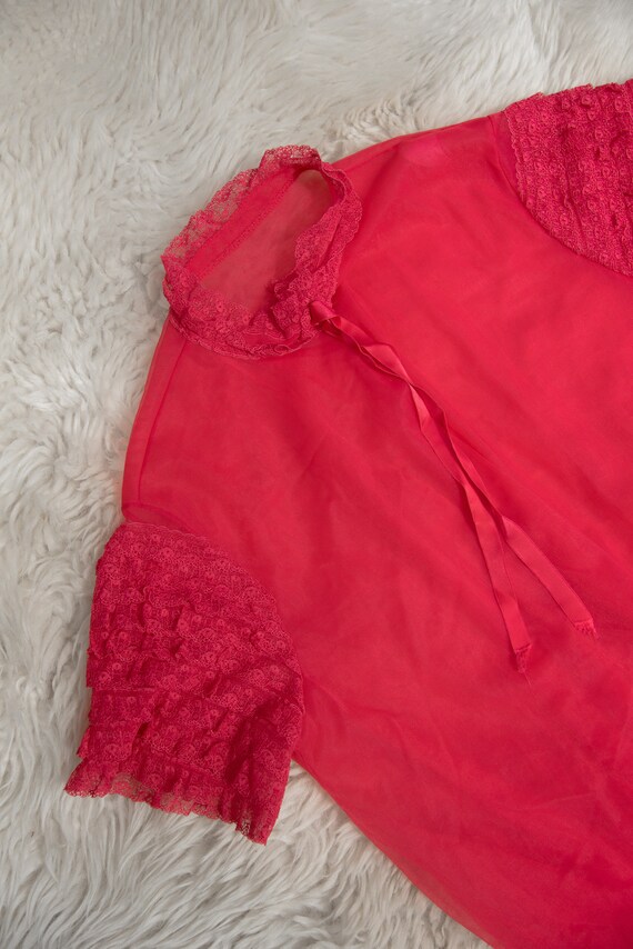 60's Vintage Peignoir, Ruffle Lace Red Nightie, S… - image 9