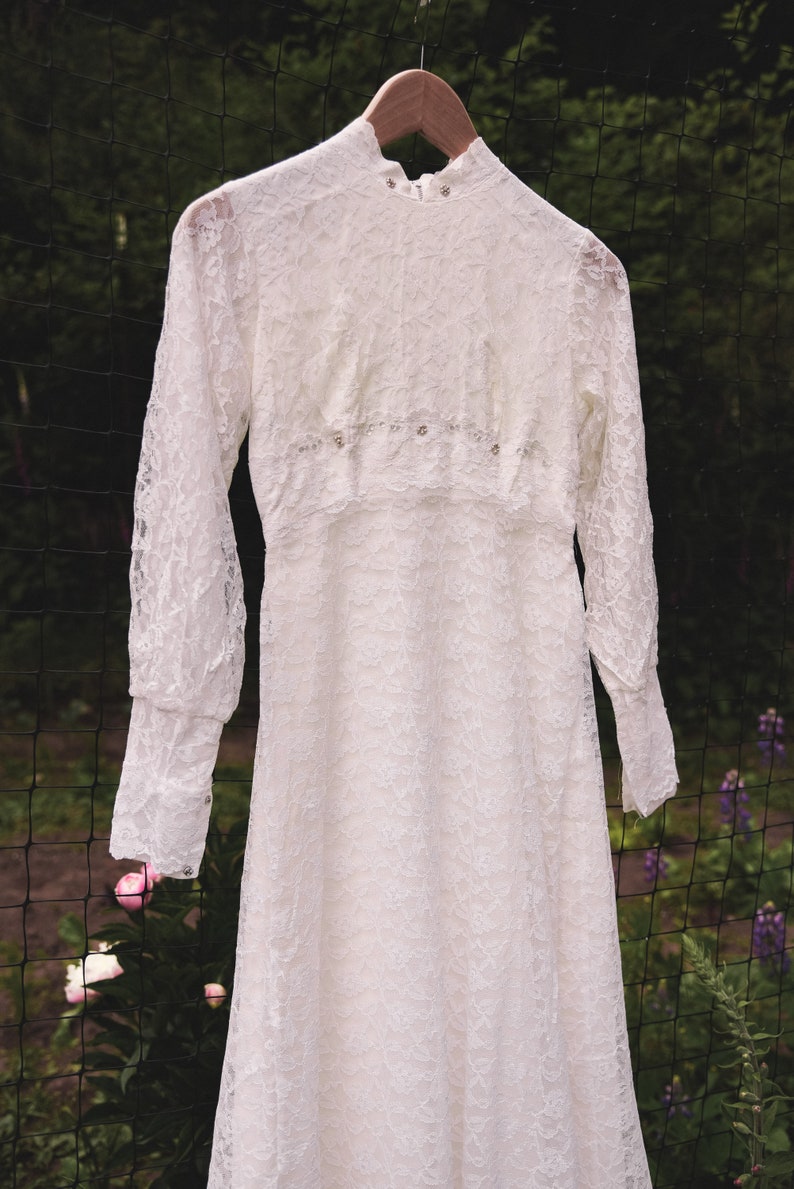 60's Long Sleeve Wedding Dress, XS Small Ivory Lace Boho Wedding Dress, Victorian Wedding Dress, Beaded White Maxi Dress image 3
