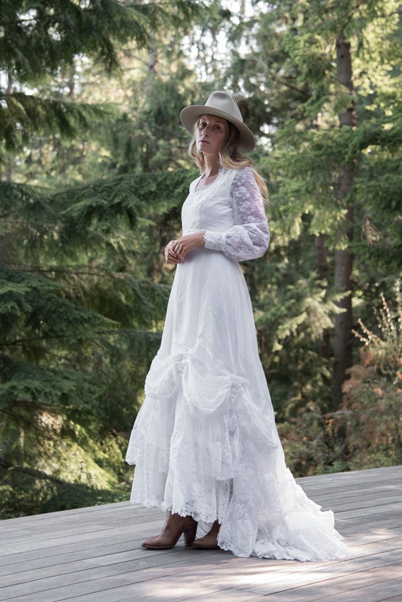 70's Wedding Dress, Poet Sleeve Lace Victorian Dr… - image 2