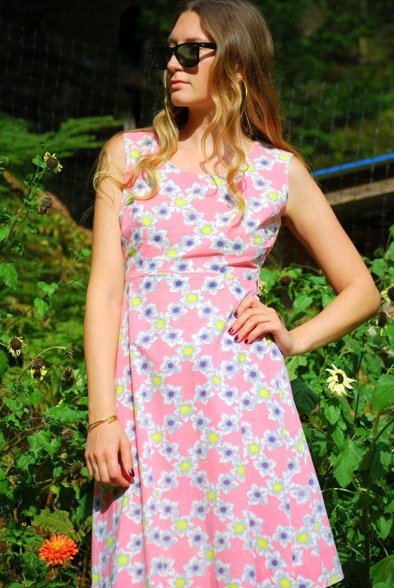 Vintage 1950s Dress, SMALL 50s Cotton Dress, Pink Yellow Floral Sun Dress, Garden Party Spring Summer Day Dress, Sleeveless Novelty Dress Vintage 1950s Dress, SMALL 50s Cotton Dress, Pink Yellow Floral Sun Dress, Garden Party Spring Summer Day Dress, Sleeveless Novelty Dress