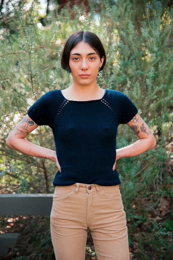 60s 70s Crochet Top, Navy Knit Sweater Top, Sweet