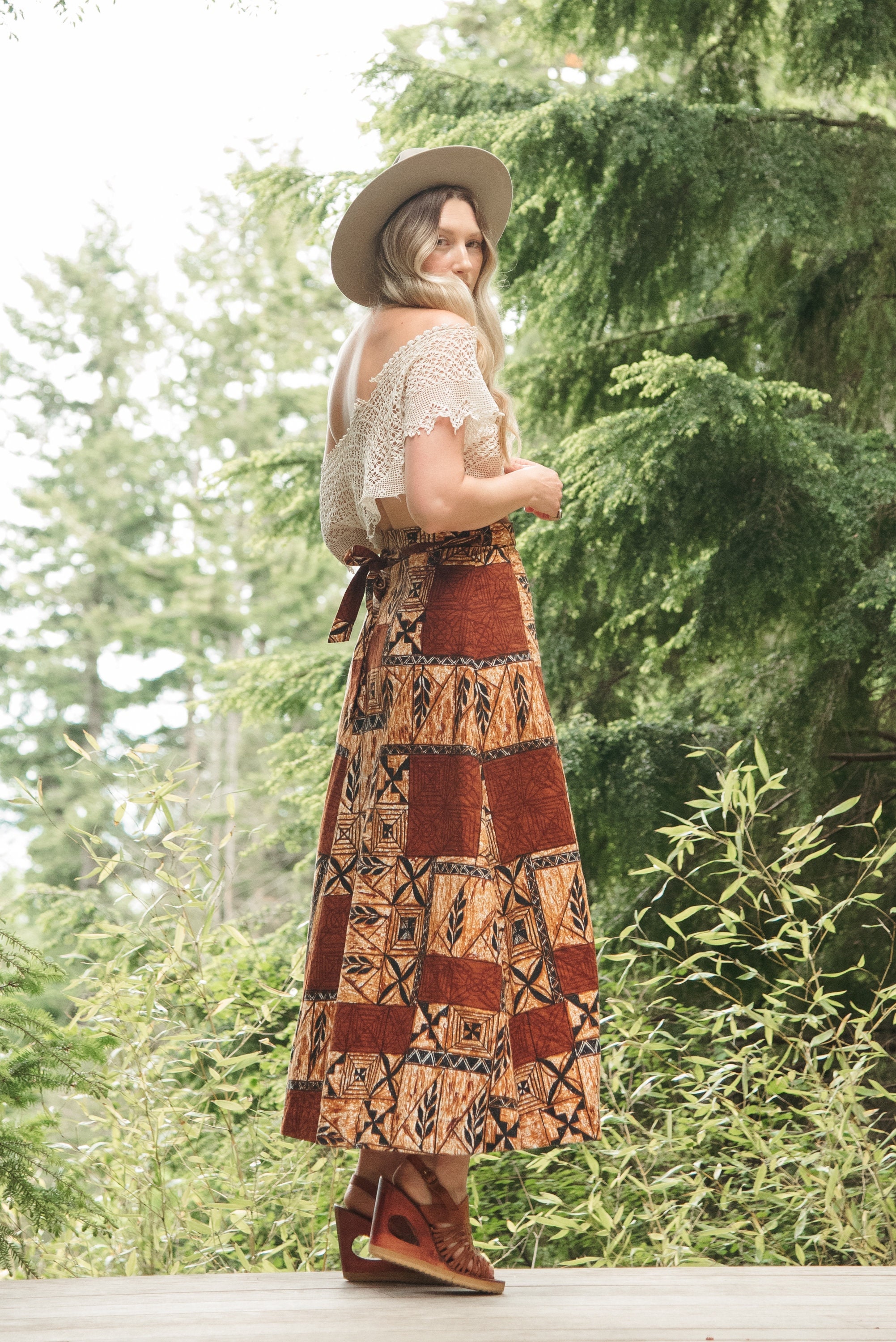 1960's Hawaiian Barkcloth Wrap Skirt, Tapa Designs Hawaii Maxi