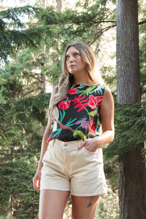 Fauna 90's Tropical Silk Top, Tissue Thin Cropped… - image 1